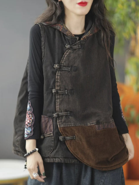 Women Autumn Retro Spliced Corduroy Hooded Vest Coat