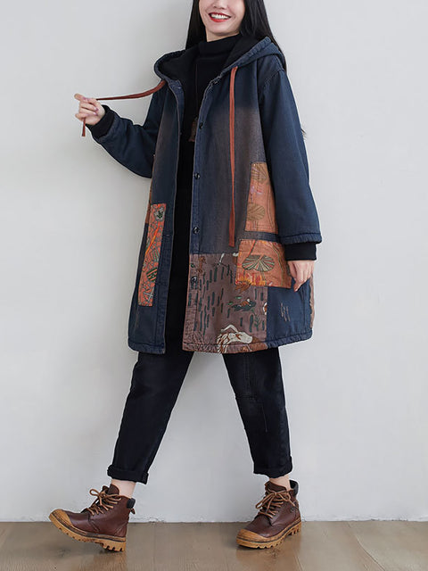 Women Vintage Spliced Denim Hooded Padded Coat