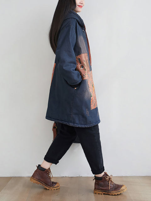 Women Vintage Spliced Denim Hooded Padded Coat