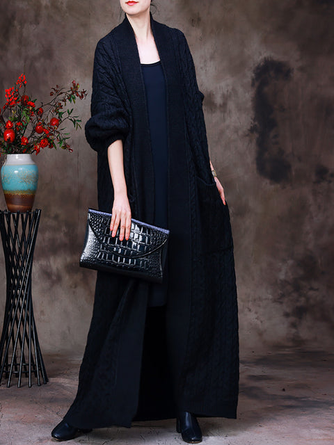 Women Winter Solid Vintage Knitted Maxi Coat