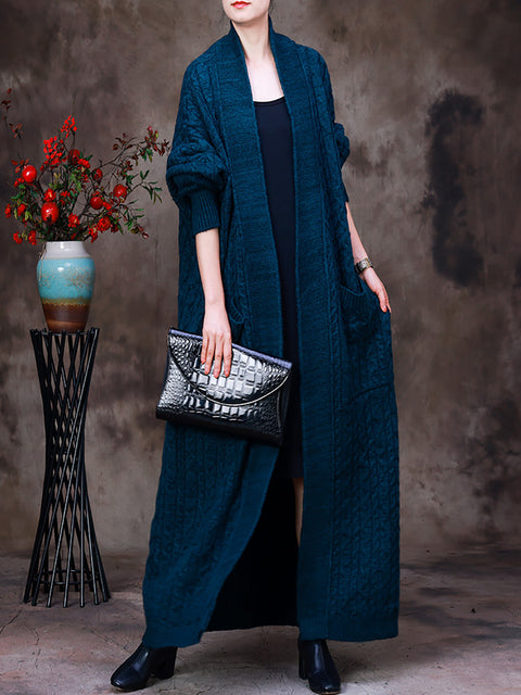 Women Winter Solid Vintage Knitted Maxi Coat