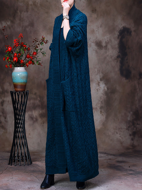 Women Winter Solid Vintage Knitted Maxi Coat