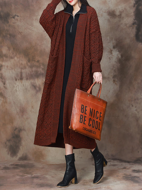 Women Winter Solid Vintage Knitted Maxi Coat