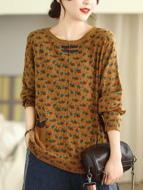 Women Vintage Floral Winter Spliced O-Neck Sweater