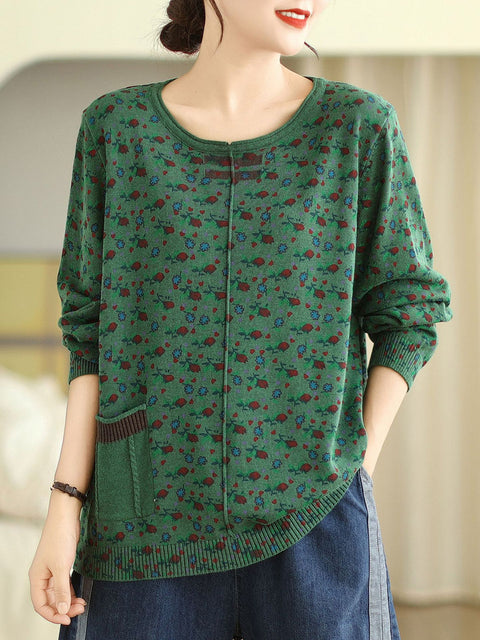 Women Vintage Floral Winter Spliced O-Neck Sweater