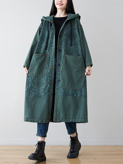 Women Artsy Flower Spliced Long Denim Hooded Coat