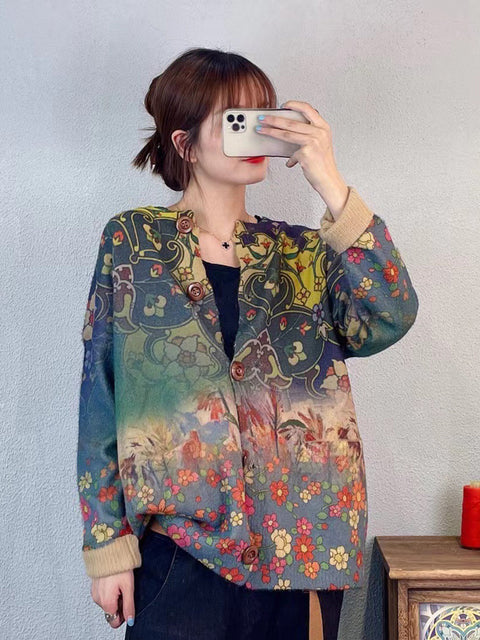 Women Winter Artsy Flower Print Knitted Cardigan Sweater