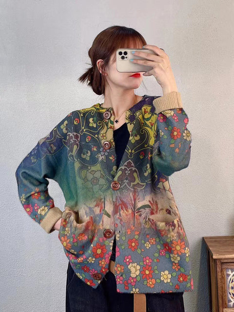 Women Winter Artsy Flower Print Knitted Cardigan Sweater