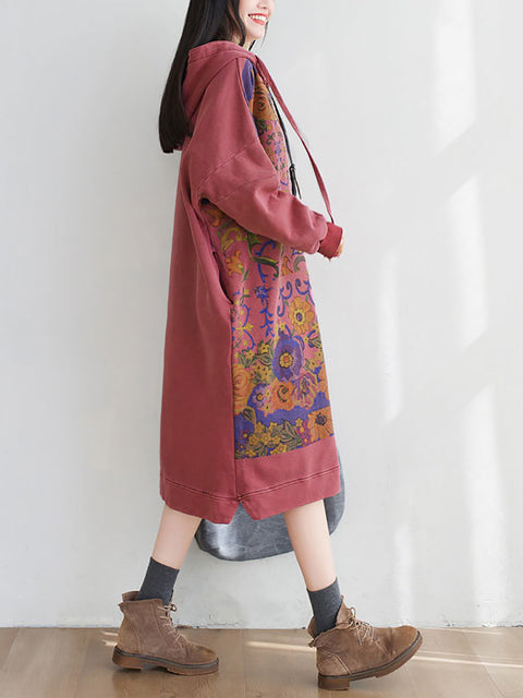 Women Artsy Flower Spring Hooded Cotton Dress