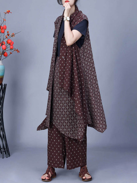 Women Vintage Spring Plaid Irregular Vest+Wide-leg Pant