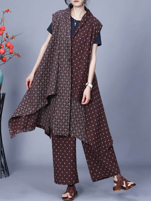 Women Vintage Spring Plaid Irregular Vest+Wide-leg Pant