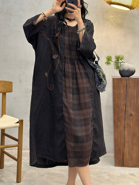 Women Spring Vintage Plaid Spliced Shirred Linen Dress