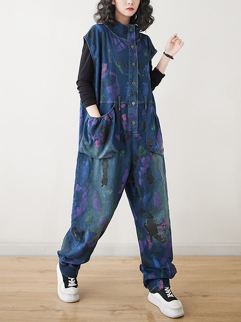 Women Artsy Print Spring Denim Jumpsuits