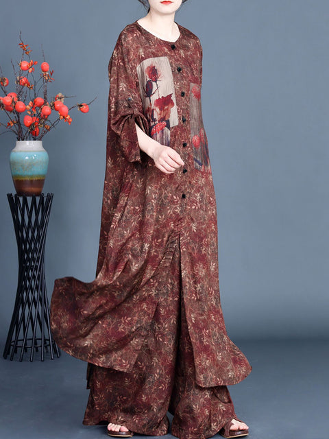 Women Vintage Spring Floral Spliced Shirt+Wide Leg Pants