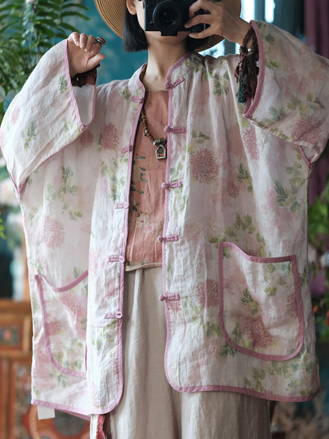 Women Spring Vintage Ramie Floral Button-Up Shirt