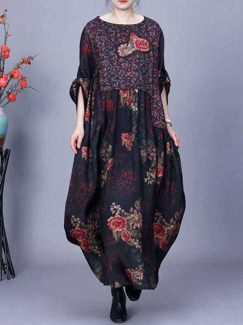 Women Vintage Floral Spliced Spring Loose Dress