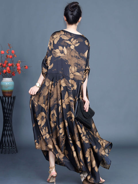 Women Summer Vintage Flower Irregular Hem Loose Dress