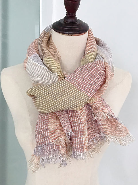 Women Artsy Summer Plaid Tassel Thin Scarf