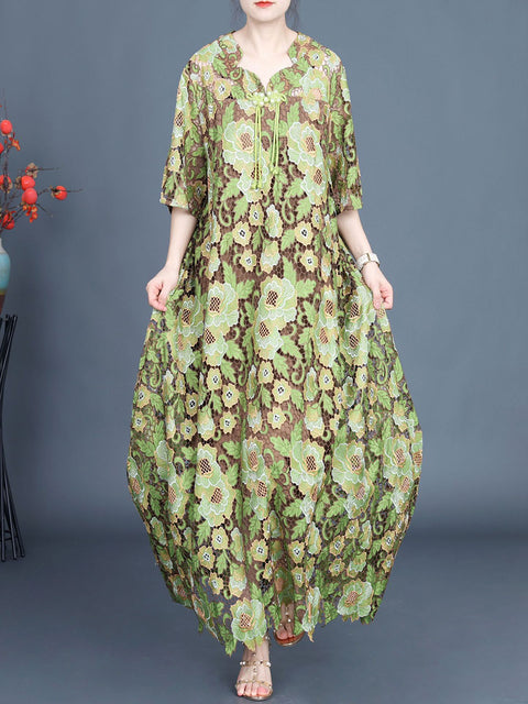 Women Artsy Summer Flower Lace Dual-layer Maxi Dress