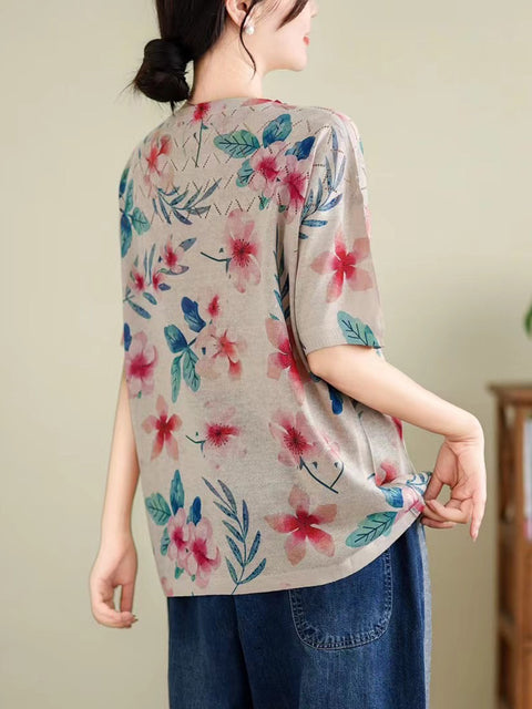 Women Summer Vintage Print Cutout O-Neck Shirt