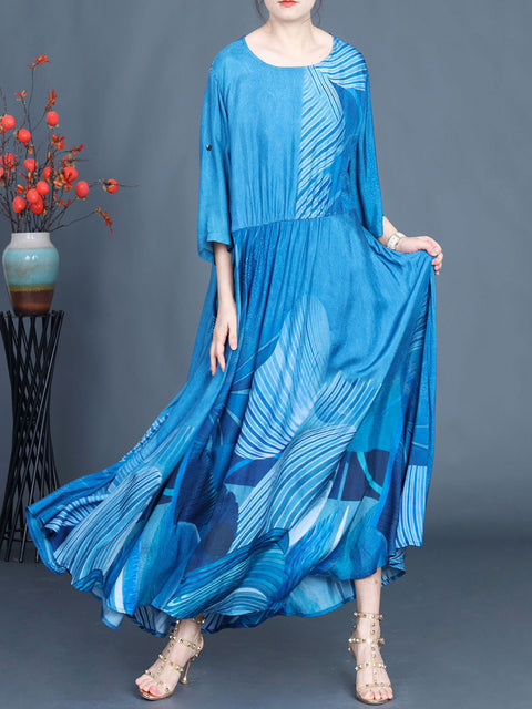 Women Summer Casual Print Blue O-Neck Maxi Dress