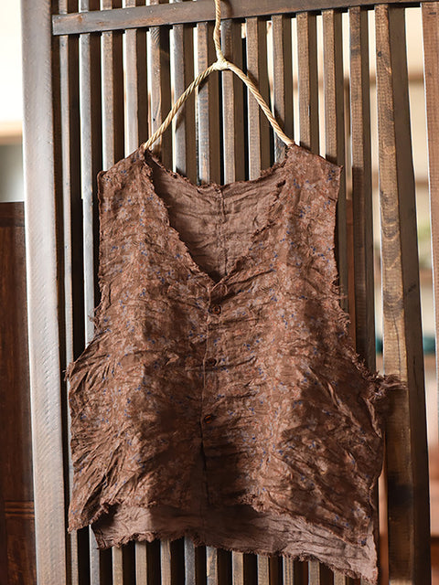 Women Vintage Floral Button-up Raw-edge Linen Vest