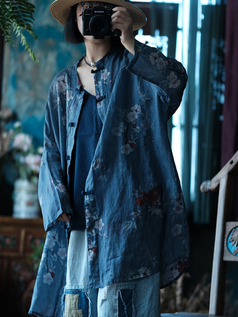 Women Summer Artsy Flower Button-up Linen Shirt