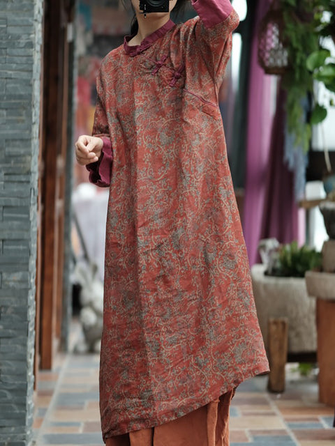 Women Summer Vintage Floral Spliced Ramie Dress