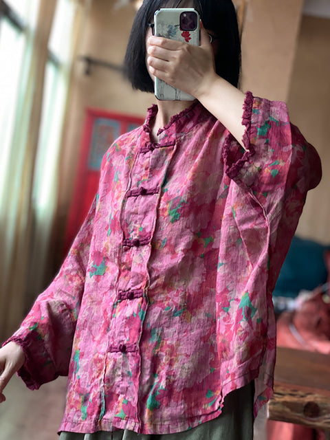 Women Vintage Flower Button-Up Raw Edge Linen Shirt