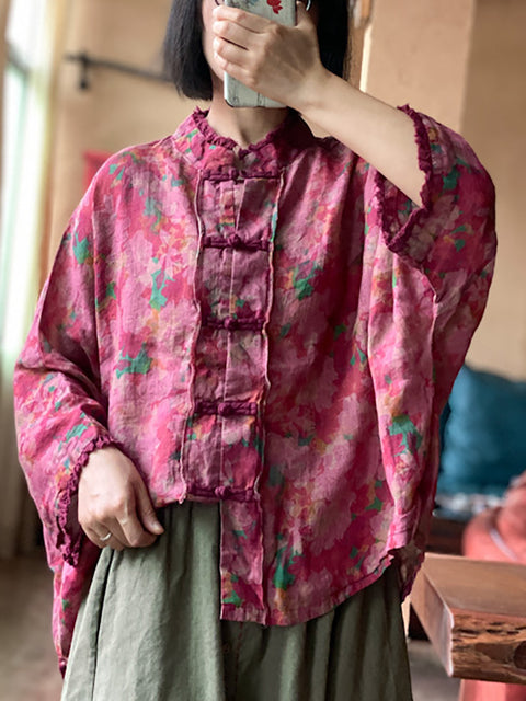 Women Vintage Flower Button-Up Raw Edge Linen Shirt