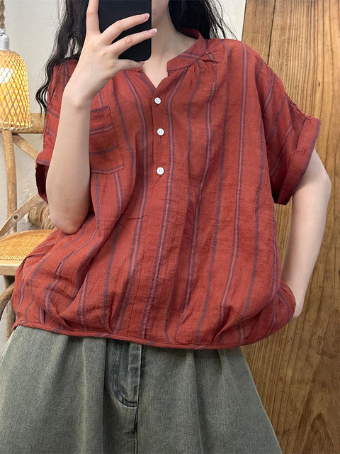 Plus Size Women Summer Casual Stripe Colorblock Cotton Loose Shirt