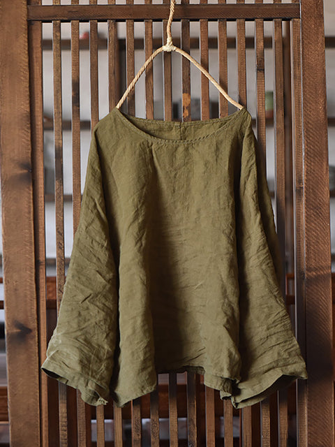 Women Summer Vintage O-Neck Solid Linen Loose Shirt