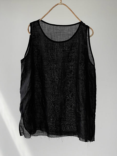 Women Summer Vintage Solid O-Neck Ramie Vest