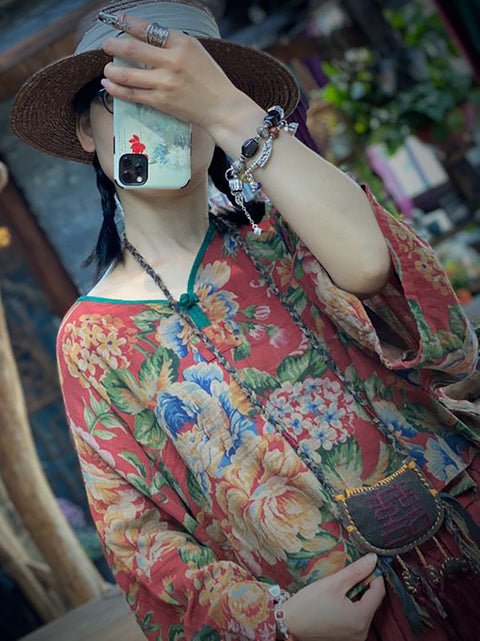 Women Summer Vintage Flower V-Neck Loose Cotton Shirt