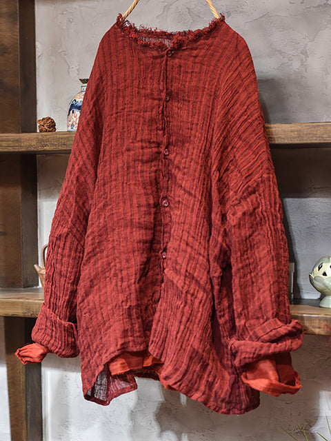 Women Autumn Vintage Stripe Raw-edge Linen Shirt