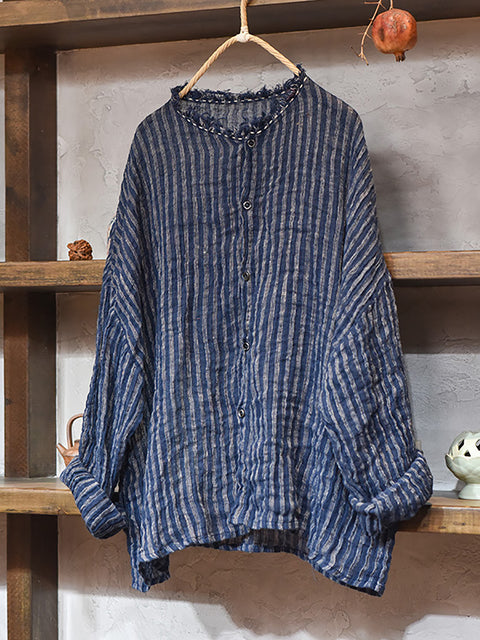 Women Autumn Vintage Stripe Raw-edge Linen Shirt