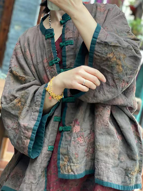 Women Autumn Vintage Flower Colorblock Button-up Linen Coat