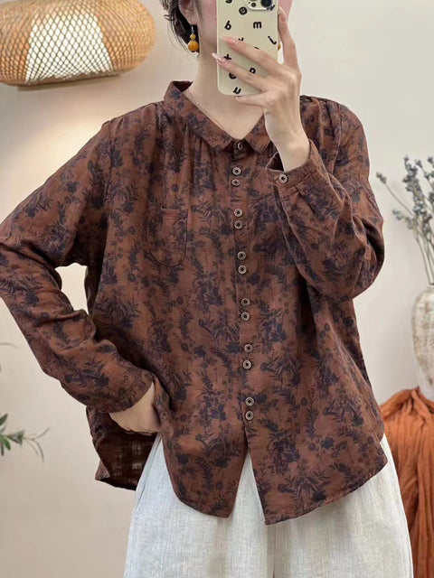 Women Vintage Autumn Flower Button-up Cotton Blouse