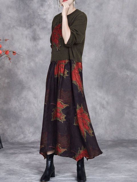 Women Autumn Maple Leaf Irregular Hem O-Neck Loose Dress