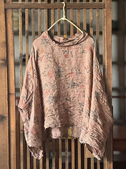 Women Artsy Autumn Flower Turtleneck Blouse