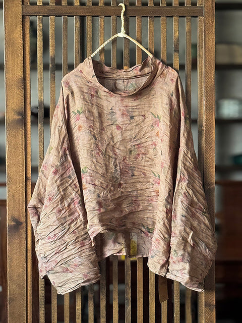 Women Artsy Autumn Flower Turtleneck Blouse