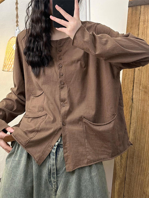 Women Vintage Solid Button Pocket O-Neck Cotton Blouse