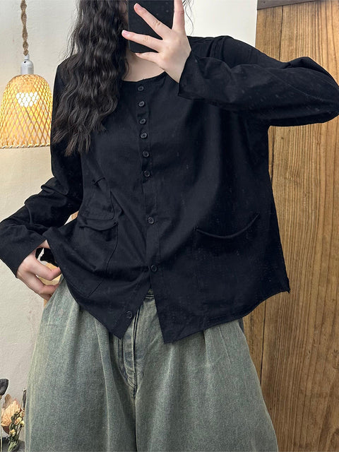 Women Vintage Solid Button Pocket O-Neck Cotton Blouse