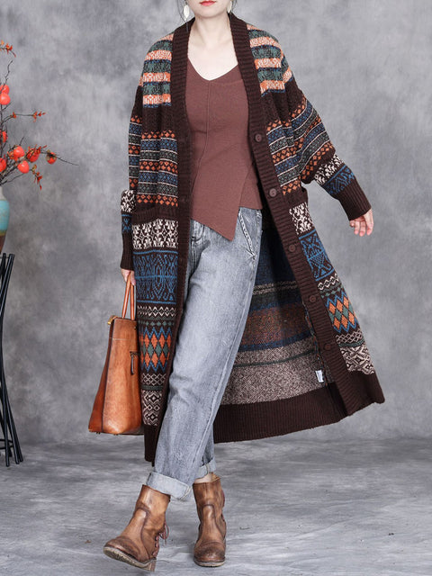 Women Vintage Autumn Stripe Button Wool Cardigan Coat