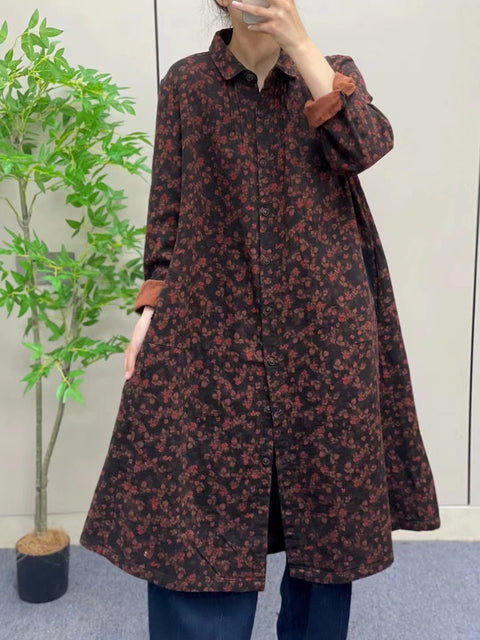 Women Autumn Vintage Flower Button-up Cotton Linen Long Shirt