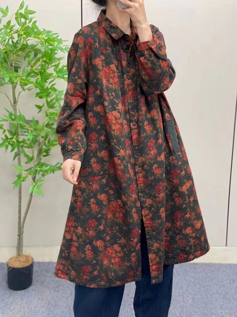 Women Autumn Vintage Flower Button-up Long Shirt