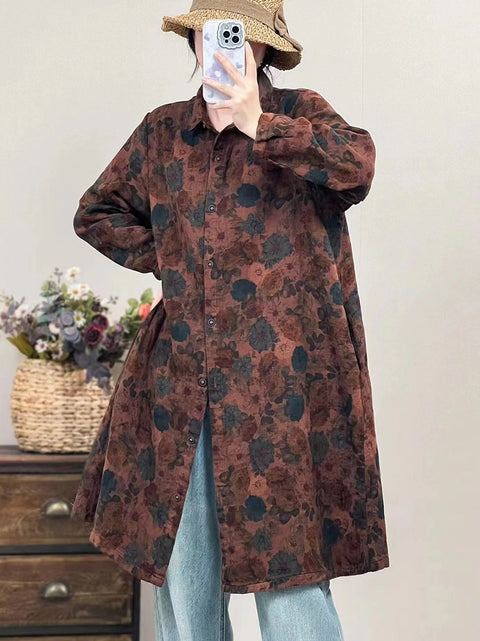 Women Autumn Vintage Flower Button-up Cotton Linen Long Shirt