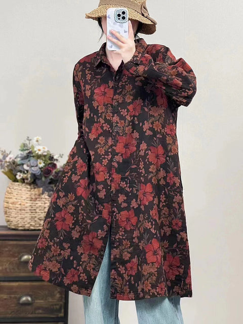 Women Autumn Vintage Flower Button-up Cotton Linen Long Shirt