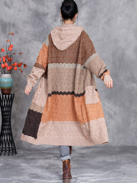 Women Winter Colorblock Wool Knitted Hooded Coat