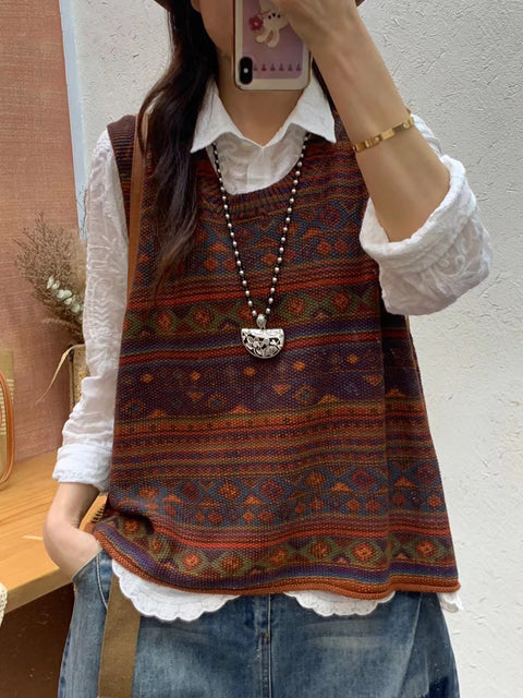 Women Autumn Artsy Colorblock Knit O-Neck Vest